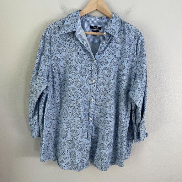 Chaps Womens Plus 1X Blue Paisley No Iron Button Up Shirt 3/4 Sleeve Blouse - Picture 8 of 11